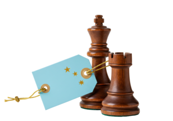 Isolated chess pieces king rook alongside price tag featuring Micronesian flag emblem, concept