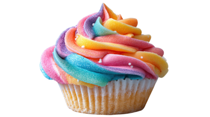 Cupcake. Birthday cupcake with cherry on top. Happy Birthday. Tasty baking cupcakes, cake or muffin with white cream icing, frosting. Bakery, confectionery. Purple cup liners. Isolated background