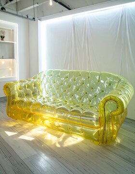 Yellow, transparent inflatable couch in a light-filled room