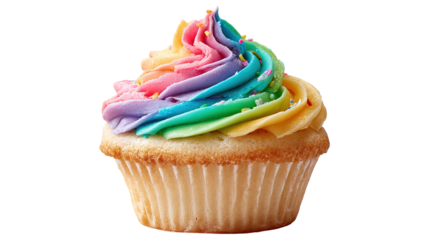 Cupcake. Birthday cupcake with cherry on top. Happy Birthday. Tasty baking cupcakes, cake or muffin with white cream icing, frosting. Bakery, confectionery. Purple cup liners. Isolated background