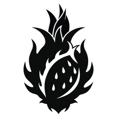 Black and White Dragon Fruit Silhouette with Spiky Leaves Illustration