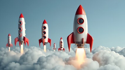 Retro styled rockets launch into the sky amidst fluffy clouds a vibrant launch sequence.