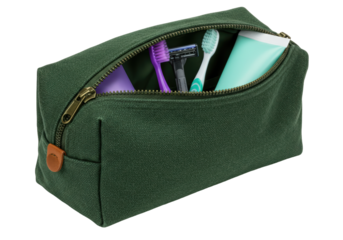 Isolated wash bag or toiletries bag in green with toothbrush, toothpaste and razor inside