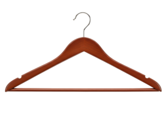 Isolated garment coat hanger in brown wood with silver metal hook for retail clothing