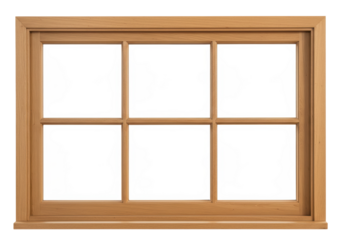 Isolated wood window frame for home or interior design with six panes, natural oak wood