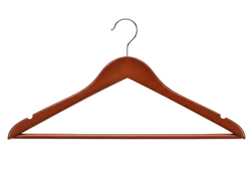 Isolated garment coat hanger in brown wood with silver metal hook for retail clothing