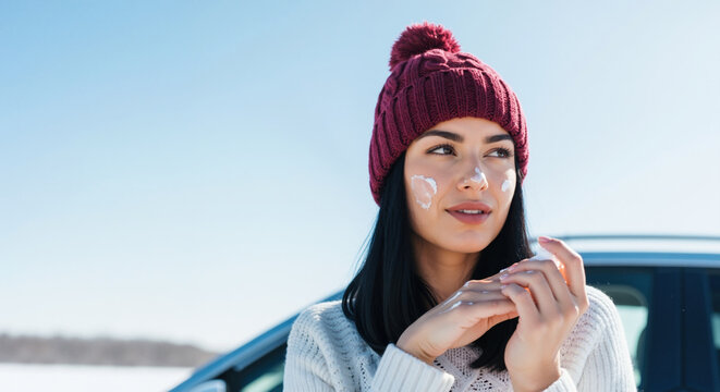 Woman applying sunscreen on her face in a snowy winter landscape. Skincare and sun protection in cold weather. Copy space