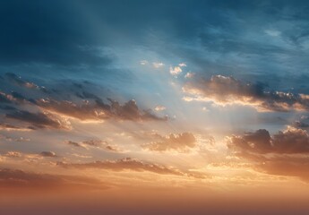 Fototapeta premium beautiful blue sky with clouds and sun rays on the horizon