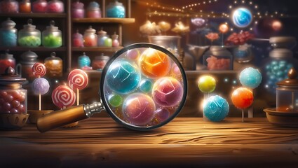 Magnifying glass examines colorful lollipops and candies in a whimsical sweet shop setting