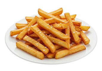 Isolated plate of golden french fries with salt, a popular side dish or snack item