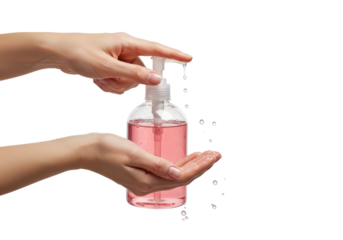 Isolated hand using liquid soap dispenser with pink liquid; hygiene routine, personal care