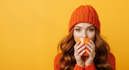 Cozy woman in an orange knit beanie drinking a hot beverage from a mug. Autumn or winter portrait on a yellow background with copy space