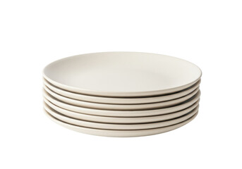 Isolated pile of off-white plates, stack of dinnerware. Six pale cream colored dishes stacked