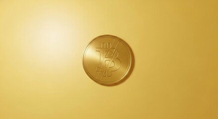 Shiny physical golden Bitcoin coin on a smooth gold background representing digital currency.