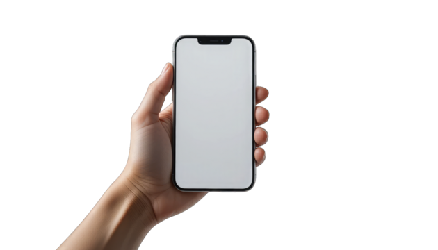 Hand holding modern smartphone with blank screen on black background isolated on a transparent background - Powered by Adobe