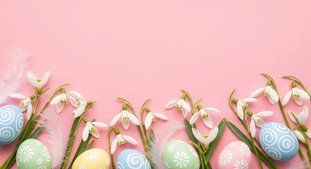 Pastel Easter Eggs and Snowdrop Flowers on Pink.