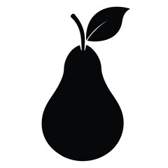 Simple Black Pear Silhouette with Stem and Leaf on White Background