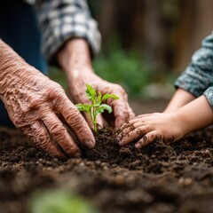 Generations planting a vibrant green seedling together in rich, dark soil