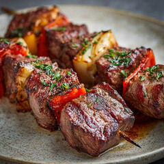 Grilled beef skewers with visible marbling, served on a ceramic plate with roasted vegetables and herbs, juicy rib and neck cuts with deep grill marks.