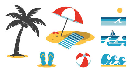 Summer beach scene with palm tree umbrella and waves vector art