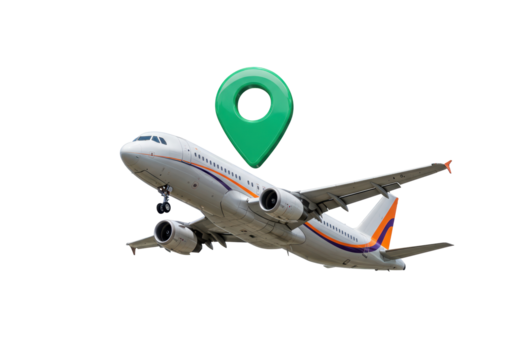 Isolated Airplane in Flight with Green Location Marker Indicating Aircraft Location