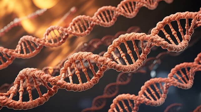Abstract 3d rendering of multiple intertwined dna double helix strands glowing with warm orange and yellow light against a dark background