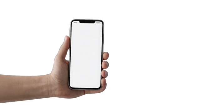 Hand with smartphone displaying a blank white screen on black isolated on a transparent background