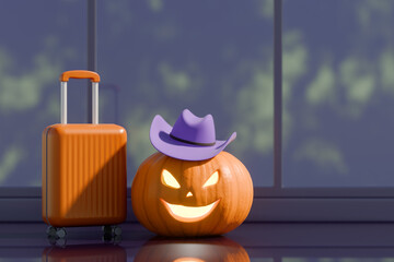 Halloween pumpkin with a purple hat next to an orange suitcase, symbolizing travel or holiday preparation. 3d rendering