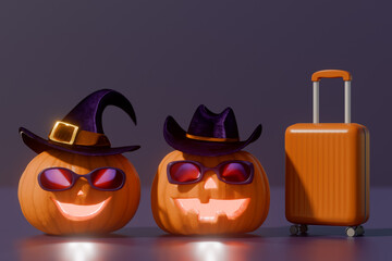 Halloween pumpkins wearing hats and sunglasses next to an orange suitcase. 3d rendering