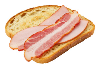 Isolated open faced sandwich with bacon or ham, on sourdough bread, close up view