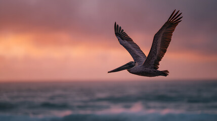 Naklejka premium Pelican soars over the ocean at sunset, wings spread wide against the colorful sky.