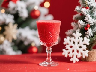 Red holiday cocktail in a crystal glass on a festive table with Christmas decorations