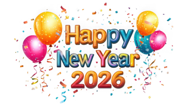 Happy new year 2026 celebration with balloons and confetti isolated on transparent background