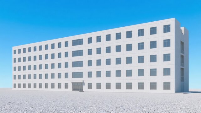 Modern multi-story white building with uniform windows under clear blue sky