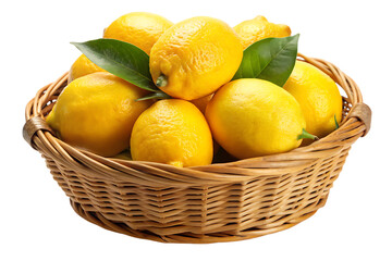  lemons in the rattan basket isolated on white background ,PNG. AI Generated