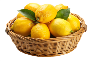  lemons in the rattan basket isolated on white background ,PNG. AI Generated