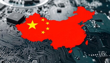 China map with flag on circuit board, symbolizing tech power and national innovation.