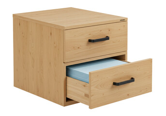 Isolated wooden chest of drawers for office documents, with an open drawer, file cabinet