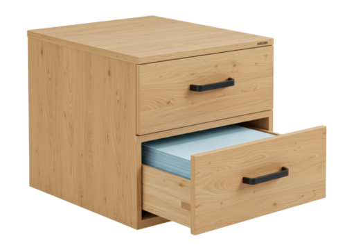 Isolated wooden chest of drawers for office documents, with an open drawer, file cabinet