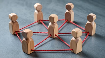 Obraz premium Abstract representation of a group of wooden figures connected by red strings forming a circle symbolizing teamwork and unity