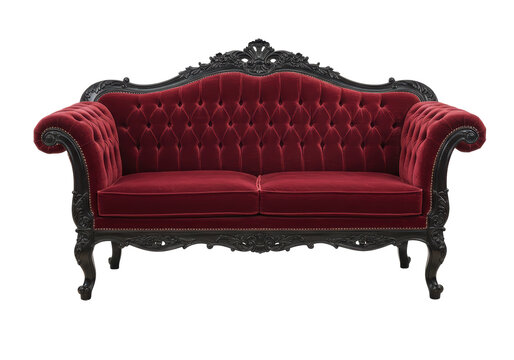 Isolated burgundy-red velvet sofa with carved black frame for luxurious interior design