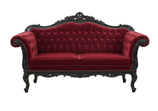 Isolated burgundy-red velvet sofa with carved black frame for luxurious interior design