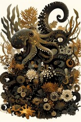 Fototapeta premium illustration of animal in vintage boho style. octopus on background of plants and flowers. botanical drawing style. Postcard. notebook cover, print concept. scrapbooking wallpapers. digital art