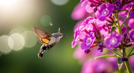 Hummingbird hawk-moth hovering and feeding on pink phlox flowers in a sunlit garden.