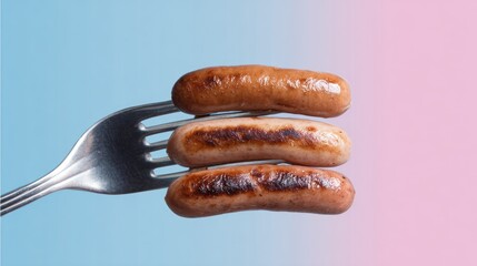 Grilled sausages on a fork, isolated on a soft blue and Pink Pastel background 