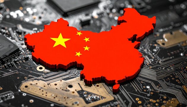 China map with flag on circuit board, symbolizing tech power and national innovation. - Powered by Adobe