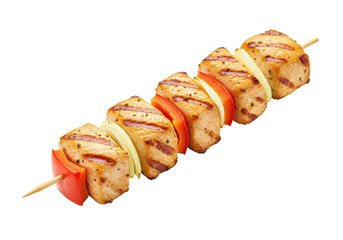 Isolated grilled chicken souvlaki skewer with red pepper and onion, Greek cuisine kebab