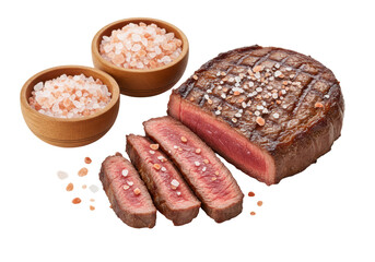 Isolated rare steak with salt, delicious grilled beef, tasty meal, freshly cut juicy meat