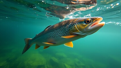 Naklejka premium Underwater view of trout swimming in clear stream, showcasing tranquil aquatic scenery.
