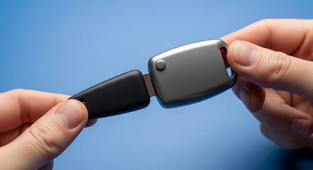 Person holding a car key with a detachable USB drive.